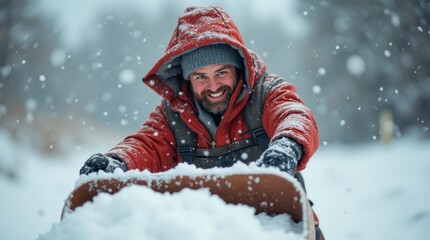 Fototapeta premium Photorealistic image of a red-faced worker smiling while shoveling snow