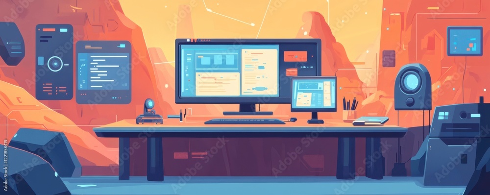 Poster a futuristic workspace with monitors displaying data, surrounded by a sci-fi environment featuring v