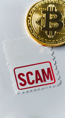 Bitcoin Coin and Red SCAM Text