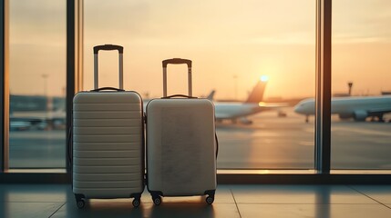 Fototapeta premium A pair of modern sleek suitcases sit in front of an airport glass terminal with planes visible in the distance outside against a warm glowing sunset sky