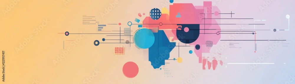Poster a colorful abstract design featuring geometric shapes and lines against a gradient background, conve