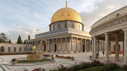 Obraz premium Byzantine Dome Overlooking Courtyard with Fountain and Rose Bushes