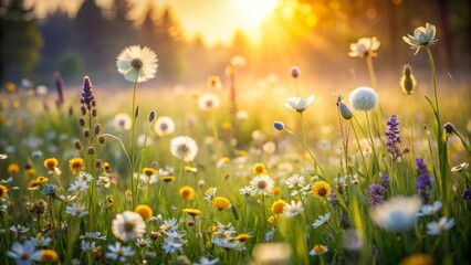 Fototapeta premium Monochromatic Spring Meadow: Peaceful Motion Blur, High-Res Print Stock Photo - Nature's Serenity