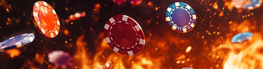 flying casino poker chips, on a fire background, generative ai
