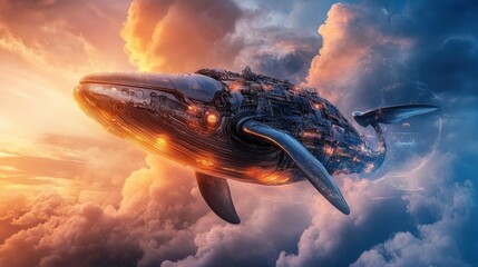 Obraz premium A massive biomechanical whale with metallic skin reflecting light, swimming through an ocean of digital clouds