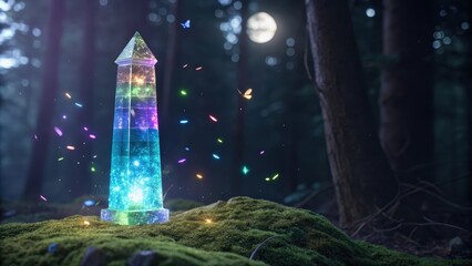 Crystalline Spire Emitting Rainbow Bands in Moonlit Forest