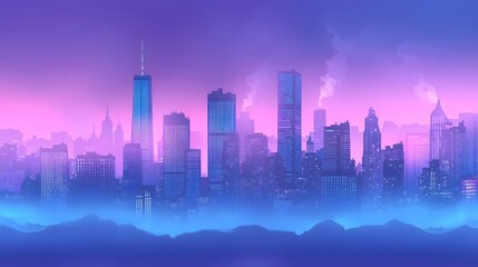 Obraz premium Atmospheric view of a foggy urban skyline with faint silhouettes of towering buildings rising into the mist The cityscape is shrouded in a moody ethereal haze