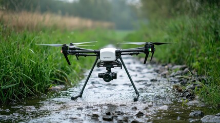 Aerial view of a drone capturing images of a landscape, showcasing its applications in photography and surveying.