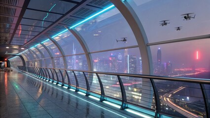 Obraz premium Futuristic Glass Walkway Overlooks Neon Cityscape at Twilight