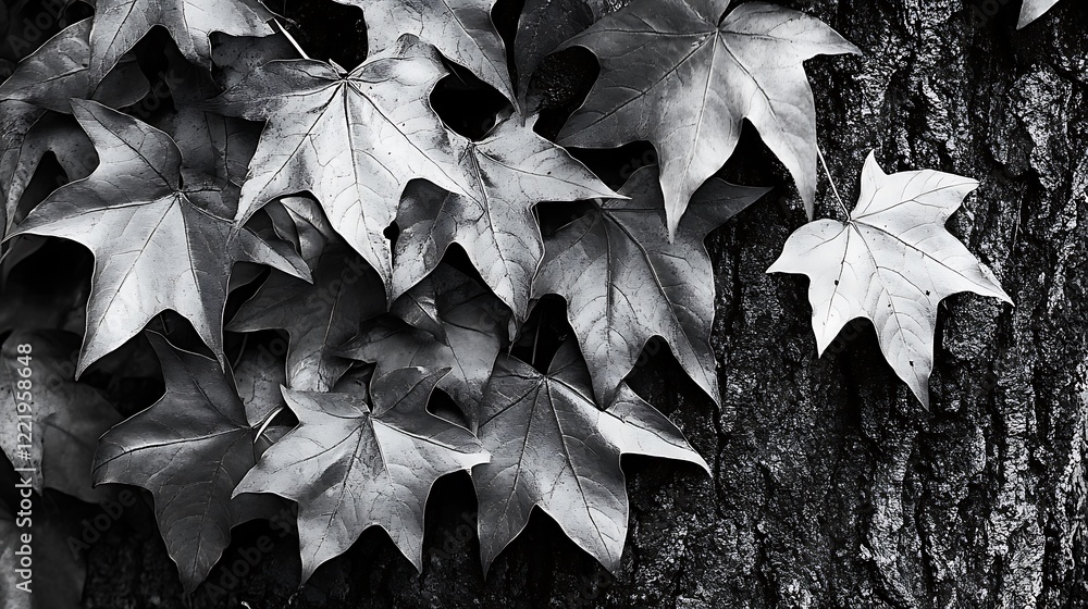 Poster Monochrome close-up of maple leaves on tree bark.