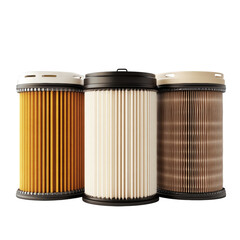 The image shows three different colored cylindrical fuel filters, likely for automotive use.