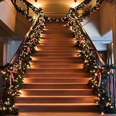 Wooden stairs decorated for christmas