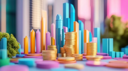 Obraz premium A colorful cityscape with stacked coins and abstract buildings, symbolizing finance, investment, and urban development.