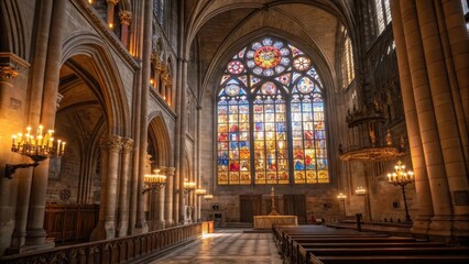 Fototapeta premium Gothic Cathedral Interior Showcasing Stained-Glass Window