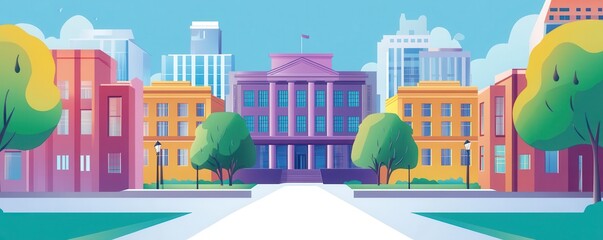 A vibrant digital illustration of a cityscape featuring colorful buildings, trees, and a clear blue sky, creating a lively urban atmosphere.