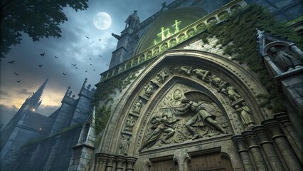 Naklejka premium Gothic Church Entrance Showcasing Angel and Demon Relief Under Moonlit Sky
