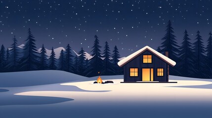 Fototapeta premium Cozy and Inviting Cabin Retreat Surrounded by a Snowy Forest at Night with Warm Glowing Lights and an Outdoor Jacuzzi for Relaxation and Comfort