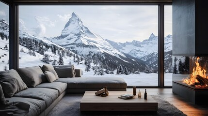 Cozy and inviting luxury ski lodge featuring a roaring fireplace and breathtaking snow covered mountain views through large windows creating a serene and peaceful winter retreat atmosphere