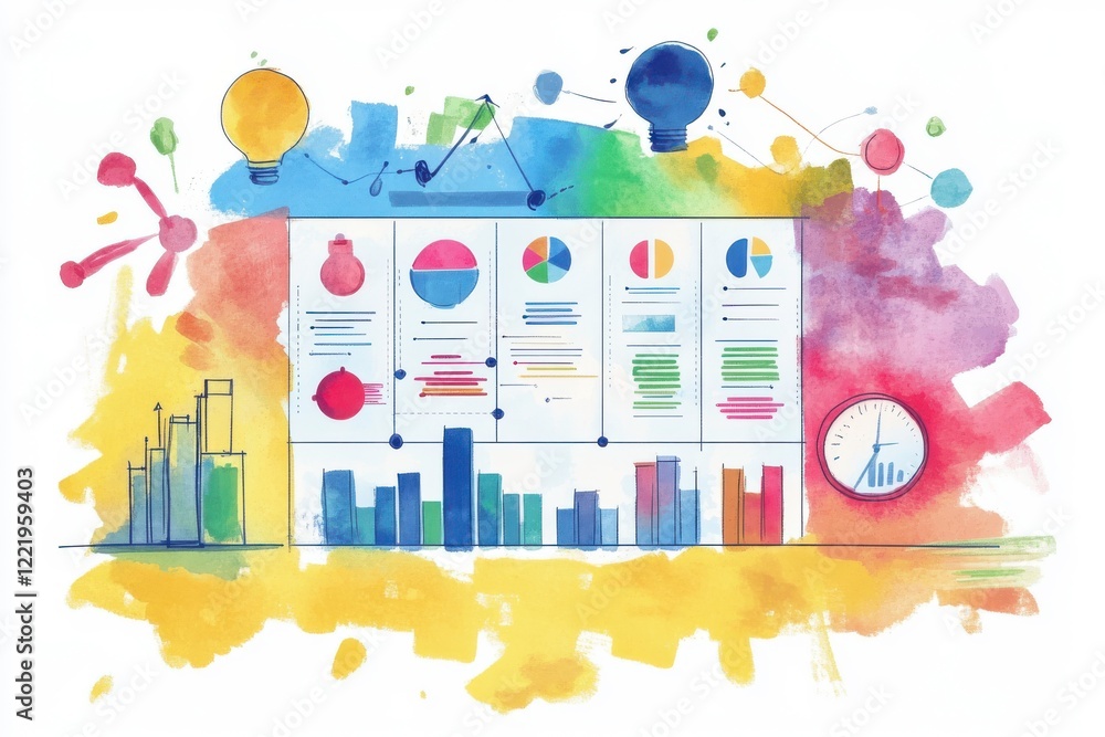 Poster a colorful, artistic representation of data visualization, featuring charts, graphs, and a clock, em