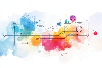 Obraz premium A vibrant abstract design featuring colorful watercolor effects and geometric patterns, symbolizing data, technology, and creativity.
