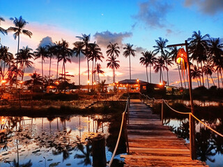 Fototapeta premium Sunset sea beach, palm trees reflection on water, evening ocean landscape, paradise tropical island resort, night bar, lake restaurant, waterfront hotel, romantic dinner, summer holiday, travel, relax