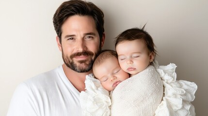 Fototapeta premium Father cuddling twin babies, studio shot, neutral background, family portrait