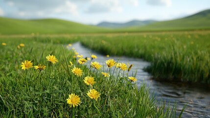 Obraz premium Bright Yellow Dandelions Growing Near Gentle Stream Flowing Through Lush Green Meadow Under Clear Blue Sky