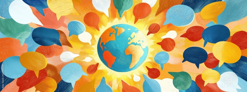 Poster a glowing globe surrounded by speech bubbles forming a harmonious pattern