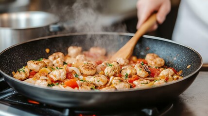 Pan of food cooking on a stove with vegetables and meat being prepared for a meal