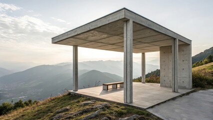 Minimalist Concrete Pavilion Overlooking Hazy Mountain Range