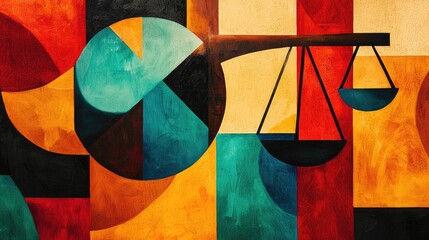 An abstract representation of justice themes using bold colors and shapes, inviting interpretation and discussion