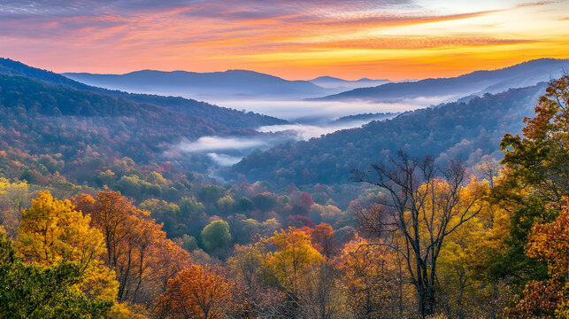Autumn sunrise over misty mountain valley