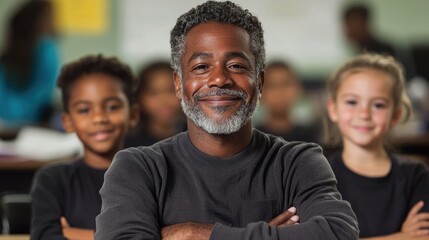Obraz premium Smiling Black male teacher standing with arms crossed in front of his diverse elementary school students in a classroom.