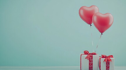 Two heart-shaped balloons float above two gifts with red ribbons against a teal background.