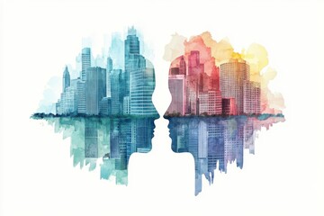 A colorful watercolor illustration depicting two profiles facing each other, with cityscapes reflecting in water, blending urban and human elements.