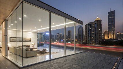 Modern Glass Showroom Displaying Minimalist Interior at Night