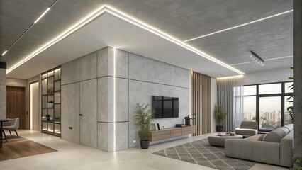 Modern Living Room with Concrete Wall and Cityscape View