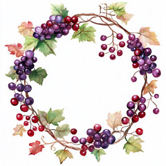 Vibrant grapevine wreath adorned with red and purple grapes and autumn leaves perfect for seasonal decoration