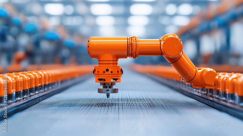 Aufkleber a close-up view of a modern orange robotic arm installed in a factory setting, highlighting precisio