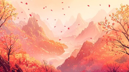 Enchanting autumn landscape with glowing golden trees flowing misty mountains and vibrant red hues evoking warmth and serenity for Chinese New Year