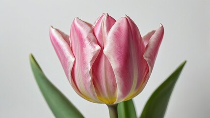 Naklejka premium Pink tulip on the white background. Easter and spring greeting card.