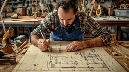 an architect sketching detailed plans on paper, surrounded by tools like rulers and compasses.