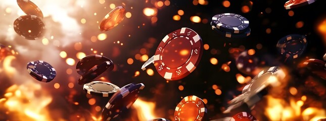 flying casino poker chips, on a fire background, generative ai