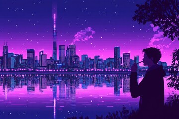 Fototapeta premium A serene cityscape at night, featuring a silhouetted person smoking by a reflective water body, illuminated by vibrant purple and blue hues.