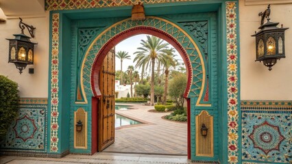 Ornate Moroccan Doorway Opens to Tranquil Oasis with Pool