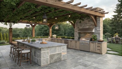 Fototapeta premium Rustic Outdoor Kitchen with Stone Island and Lush Pergola