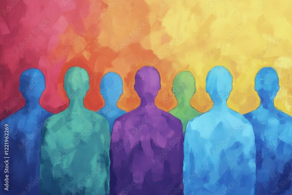 Poster a colorful abstract depiction of faceless figures standing together, representing unity and diversit