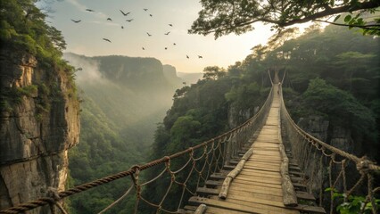 Obraz premium Rustic Wooden Rope Bridge Spans Misty Gorge at Sunrise