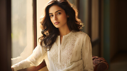 Fototapeta premium A beautiful Indian girl wearing a premium luxurious kurta, exuding elegance, grace, and timeless style.
