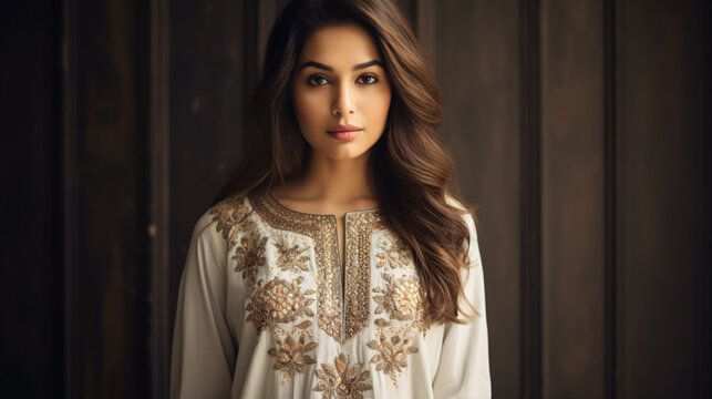 A beautiful Indian girl wearing a premium luxurious kurta, exuding elegance, grace, and timeless style.

